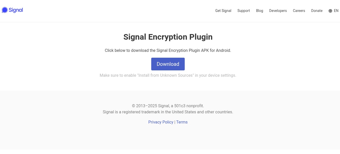 Figure 1. Website distributing fake Signal Encryption Plugin app